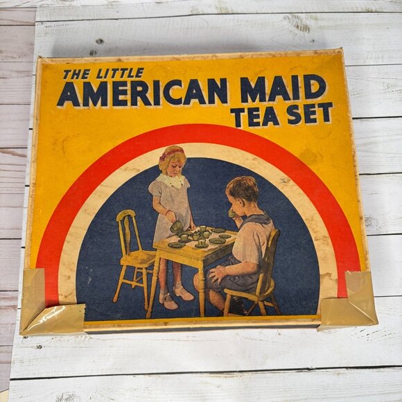 VTG Akro Agate Little American Maid Tea Set Children's Toys Dishes Green & White - Picture 2 of 16